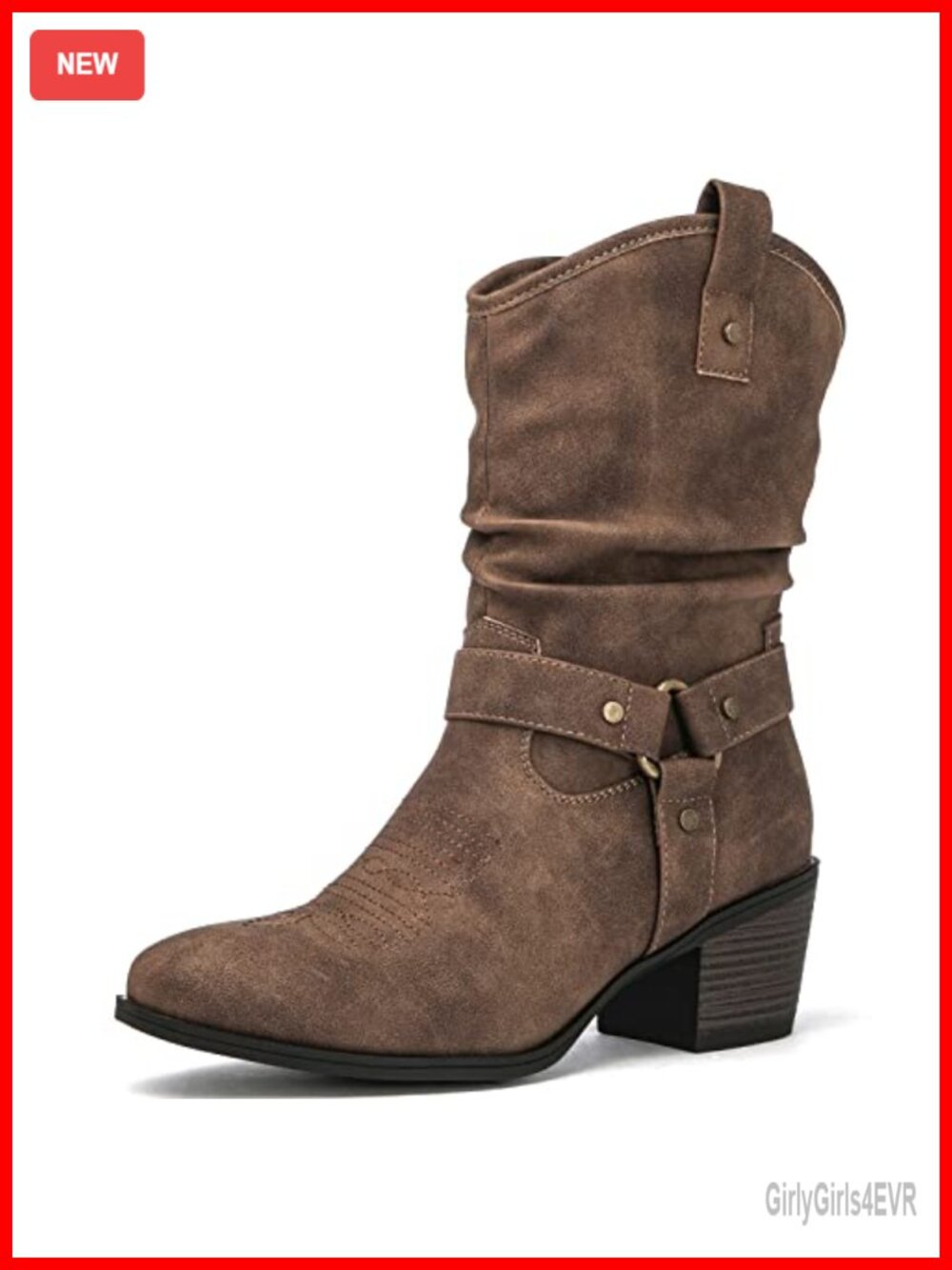 Vegan Leather Mid Calf Cowgirl Boots Western Bootie with Side Zipper